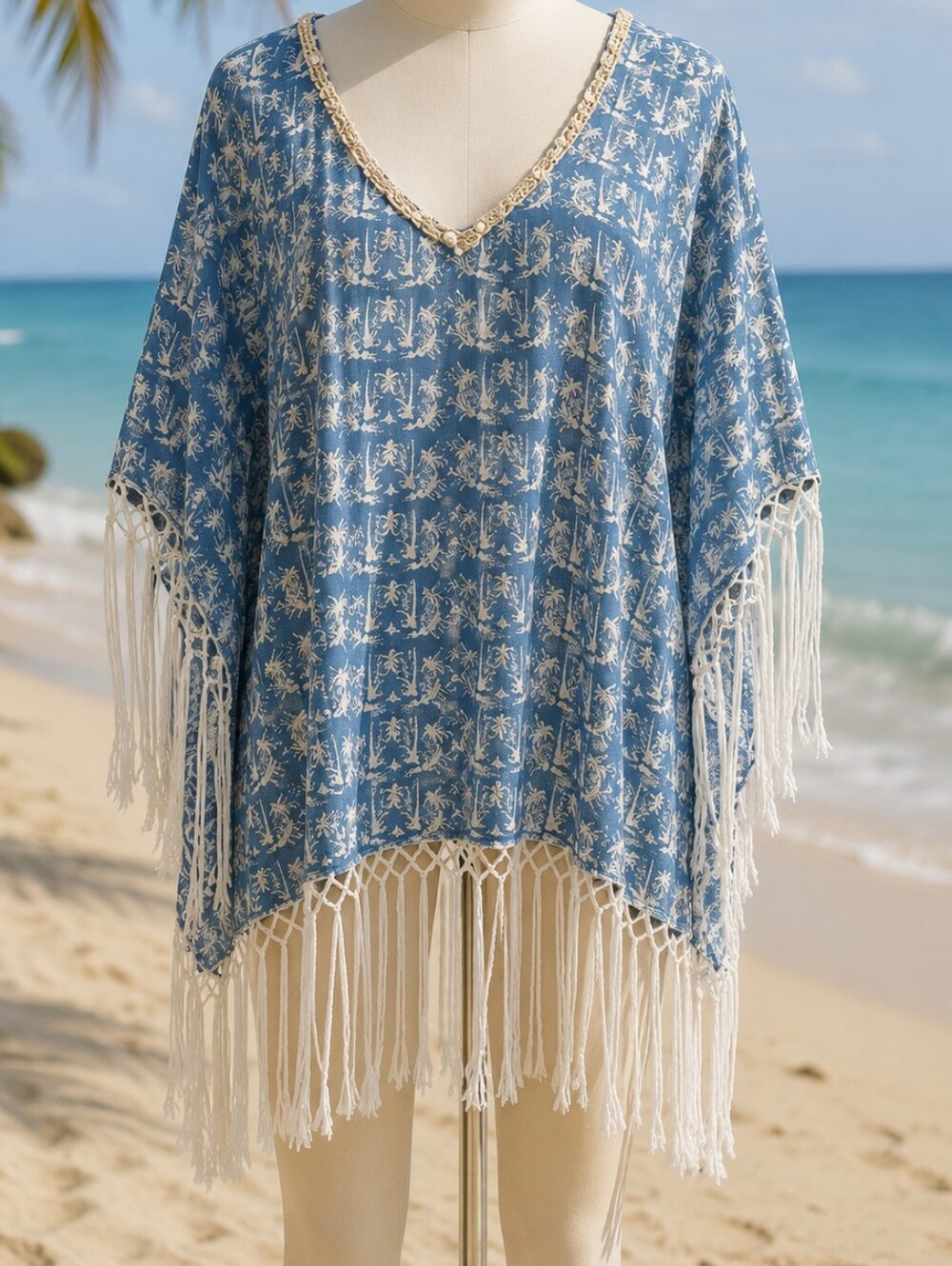 Skemo Blue and White Patterned Blouse Swim Cover Shells Fringe Boho Hippie